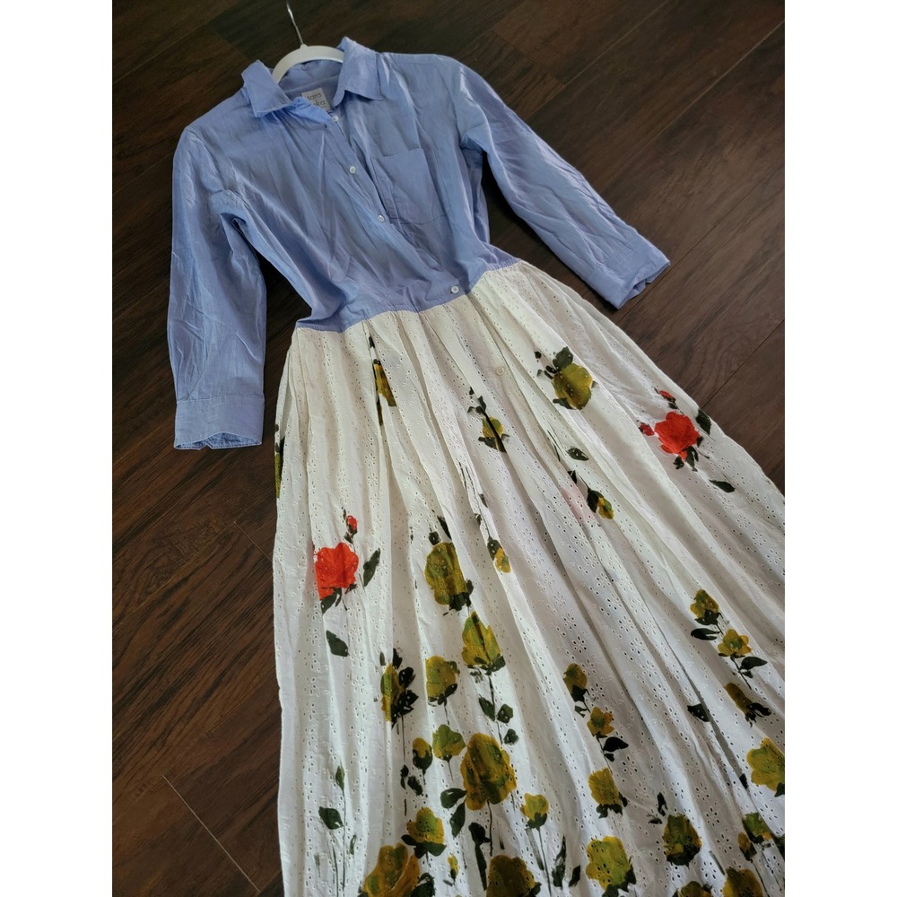 Sara Roka Blue 100% Cotton Eyelet Floral Maxi Shirt Dress Voluminous A-Line 10